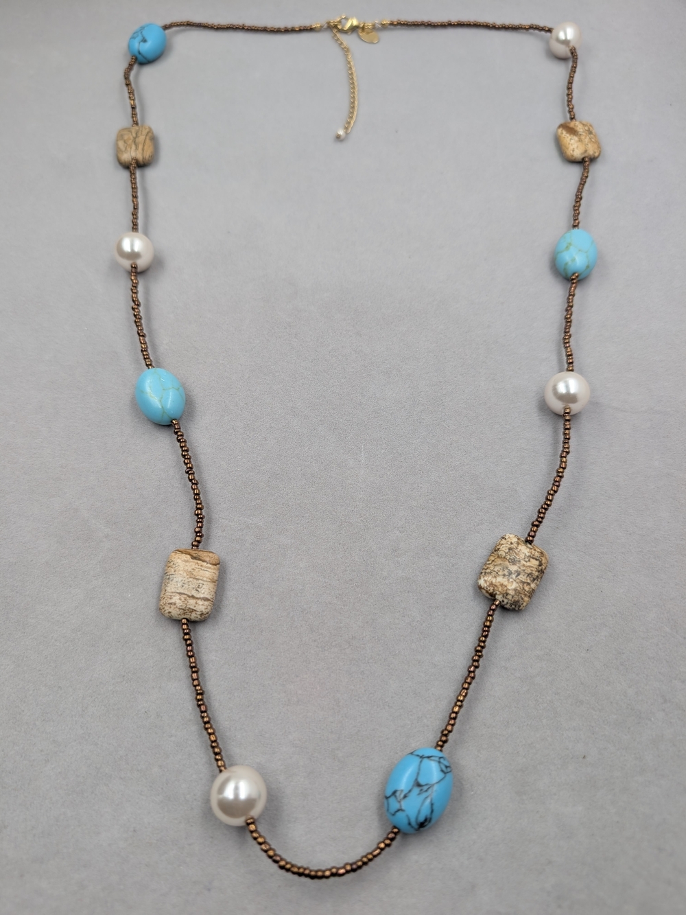 Lia Sophia Turquoise Blue Pearl Beaded Long Statement Necklace | 0836
